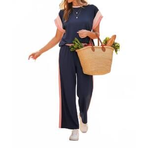 NEW DEAR LOVER color block wide leg 2 piece set in navy